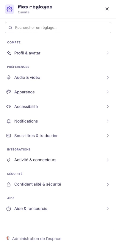Mes réglages sur mobile : la liste des sections